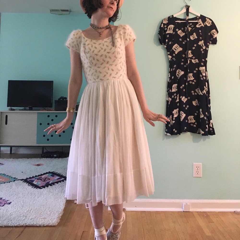 50s angora & chiffon pastel floral party dress